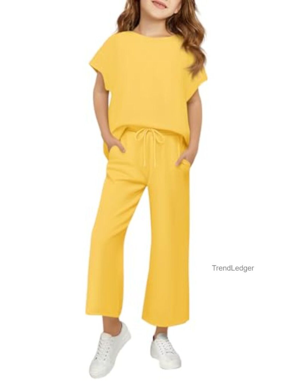 Girls Short Sleeve Shirt & Wide Leg Pants Set with Pockets